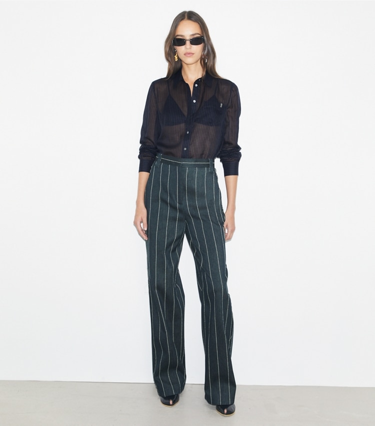Tory Burch designer tops Striped Cotton Shirt in Navy on model front