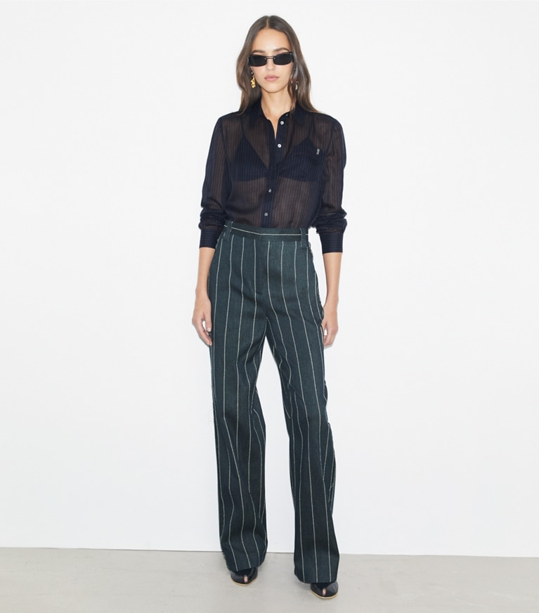 Tory Burch designer tops Striped Cotton Shirt in Navy front