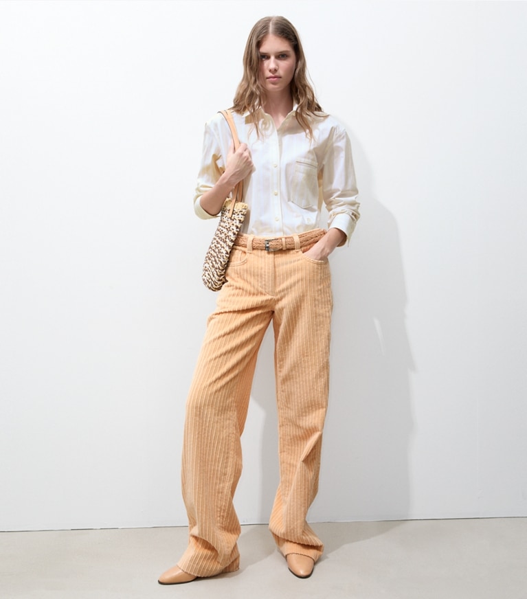 Tory Burch designer tops Striped Cotton Shirt in Beige Stripe on model front