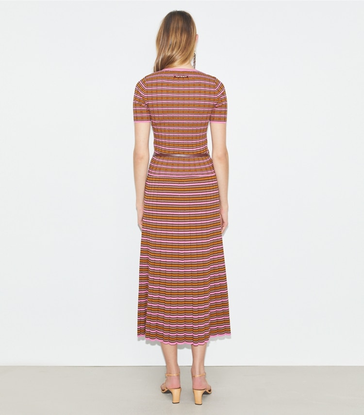Tory Burch designer bottoms Striped Cotton Skirt in Frappe Pink / Senape on model back