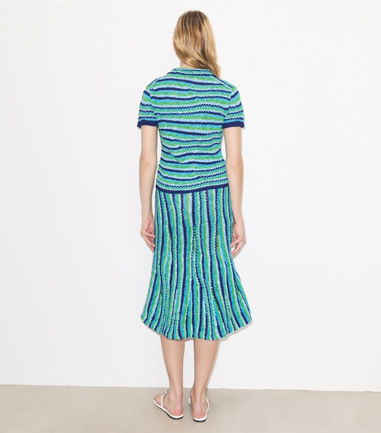 Tory Burch designer bottoms Striped Cotton Skirt in Ocean / Light  Blue / Green on model back