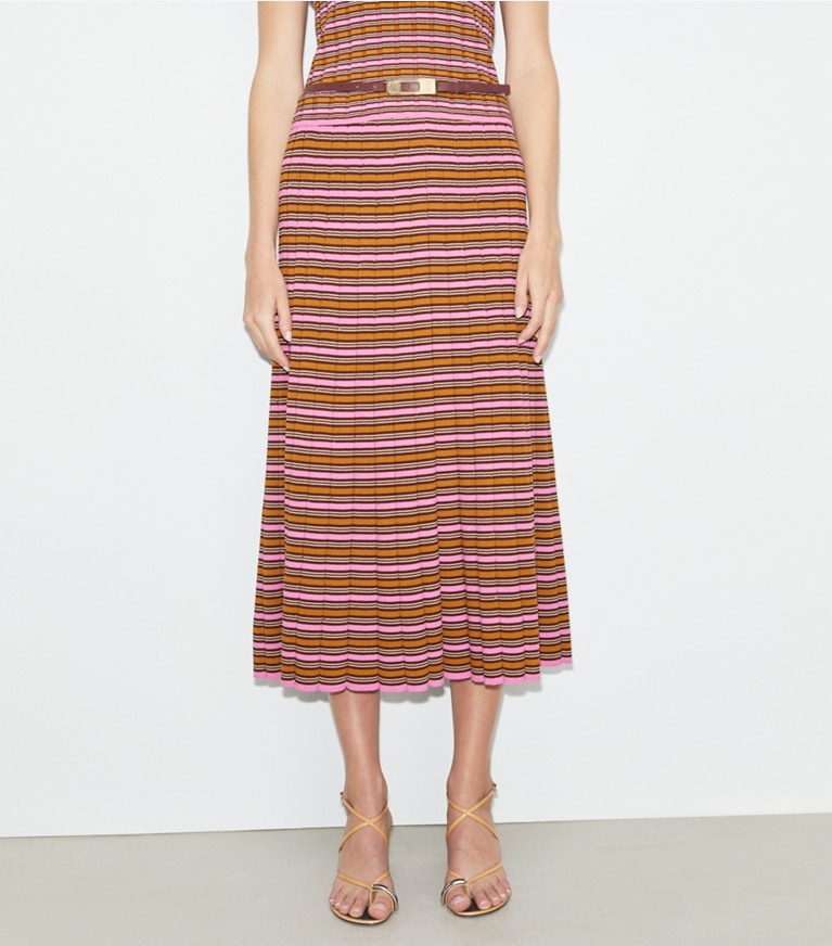 Tory Burch designer bottoms Striped Cotton Skirt in Frappe Pink / Senape front