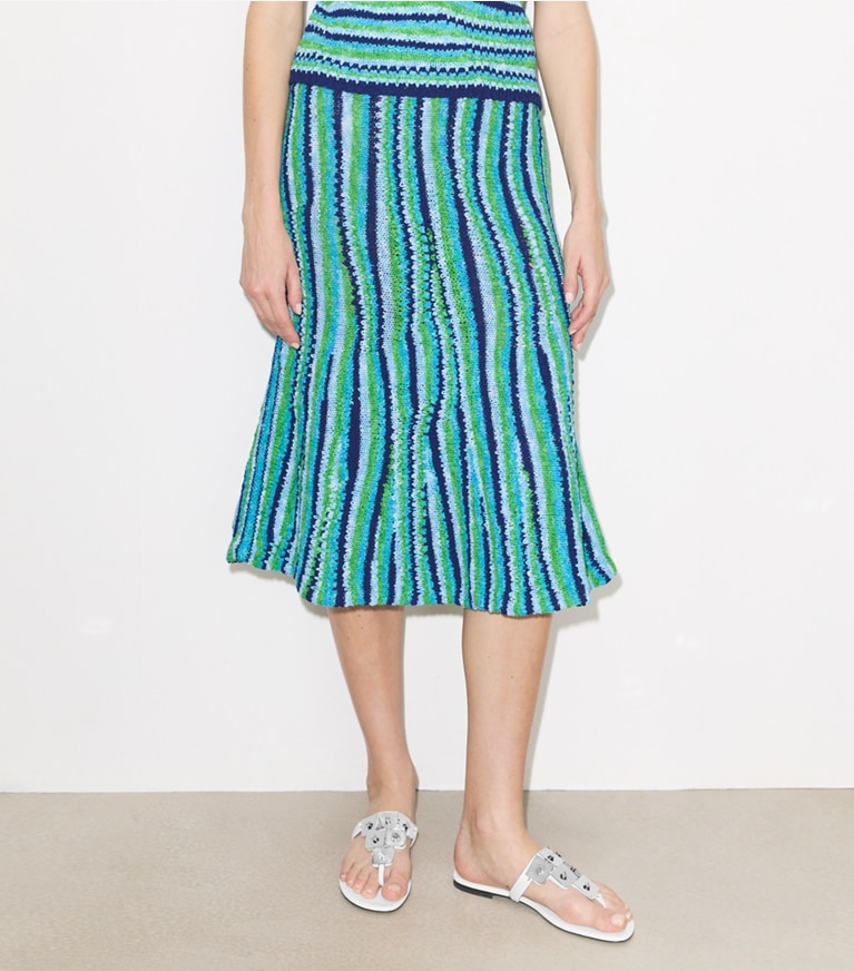 Tory Burch designer bottoms Striped Cotton Skirt in Ocean / Light  Blue / Green on model detail