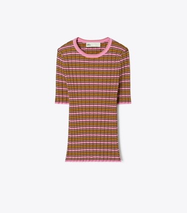 Tory Burch designer jackets Striped Cotton Sweater in Frappe Pink / Senape front