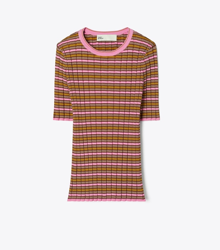 Tory Burch designer jackets Striped Cotton Sweater in Frappe Pink / Senape front