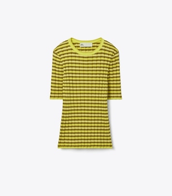 Tory Burch designer sweaters Striped Cotton Sweater in Vibrant Lemon Yellow / Wax Bean Yellow front