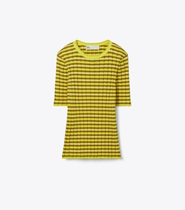 Tory Burch designer jackets Striped Cotton Sweater in Vibrant Lemon Yellow / Wax Bean Yellow front