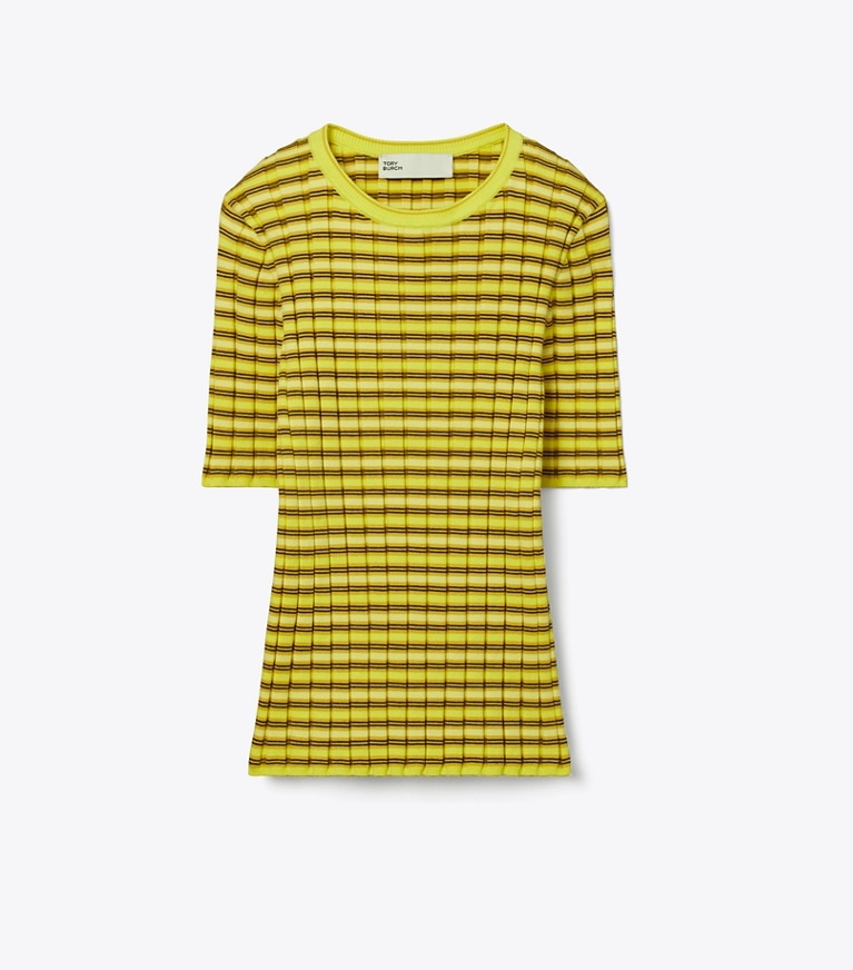 Tory Burch designer jackets Striped Cotton Sweater in Vibrant Lemon Yellow / Wax Bean Yellow front