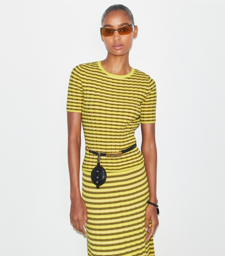 Tory Burch designer jackets Striped Cotton Sweater in Vibrant Lemon Yellow / Wax Bean Yellow on model detail