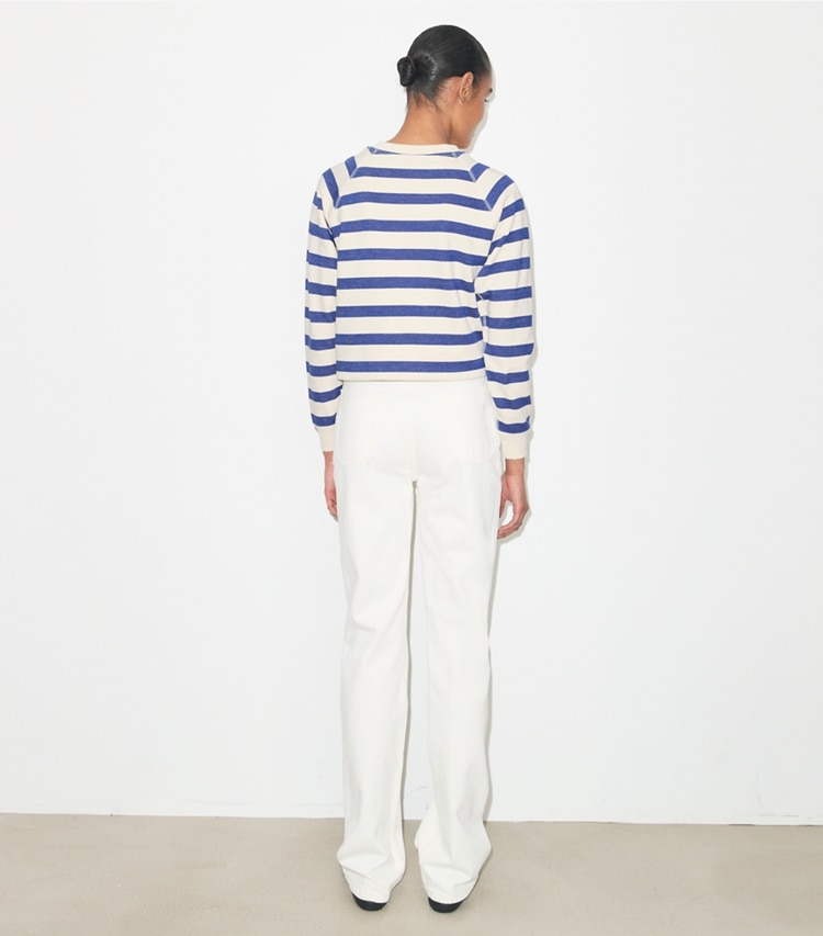 Tory Burch designer sweaters Striped Cotton Sweatshirt in New Ivory Basin Stripe on model back