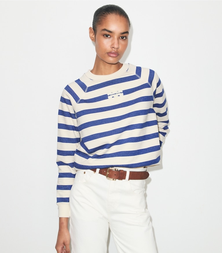 Tory Burch designer sweaters Striped Cotton Sweatshirt in New Ivory Basin Stripe on model detail