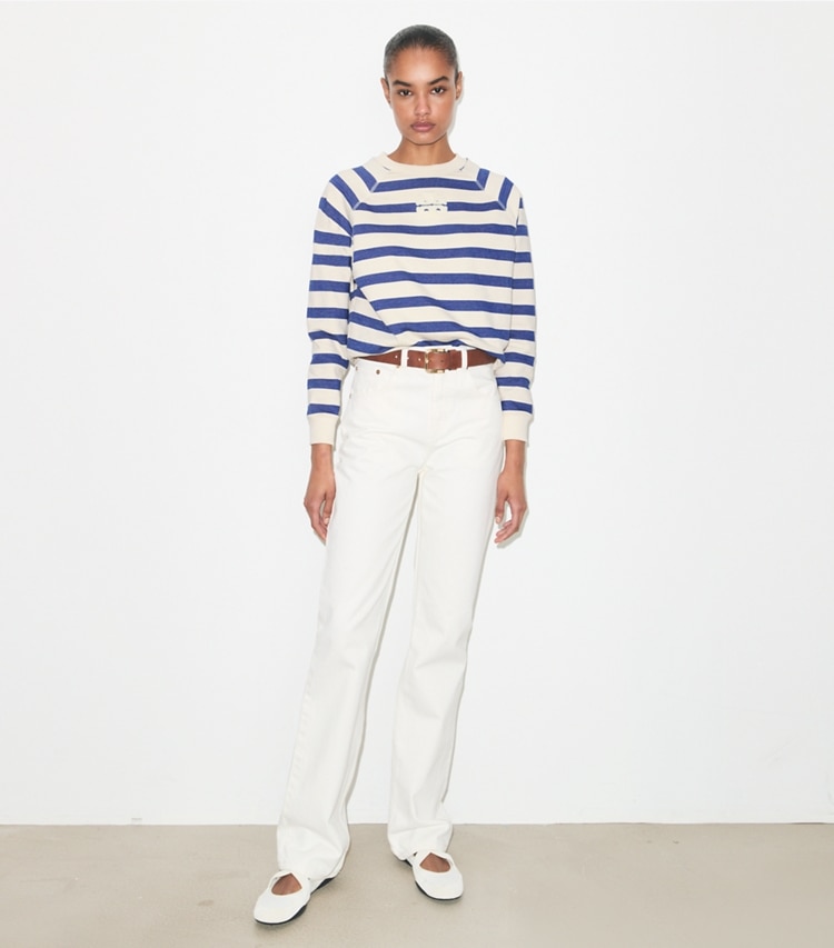 Tory Burch designer sweaters Striped Cotton Sweatshirt in New Ivory Basin Stripe on model front