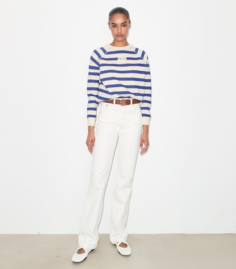 Tory Burch designer sweaters Striped Cotton Sweatshirt in New Ivory Basin Stripe on model front