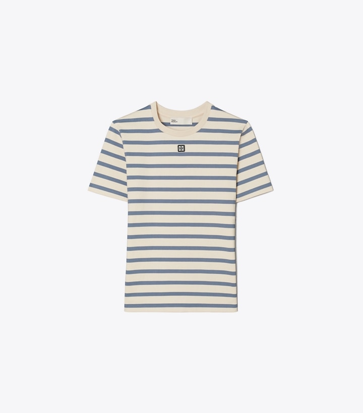 Tory Burch designer トップス ストライプ コットン Tシャツ in Light Ivory/Blue TEI Heavy Y/D Cotton front