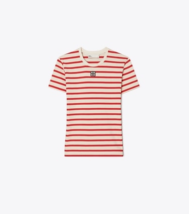 Tory Burch designer トップス ストライプ コットン Tシャツ in Light Ivory/Flash Red front