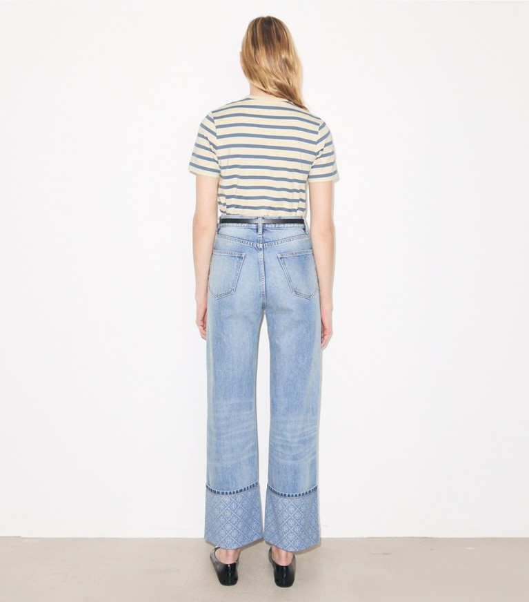 Tory Burch designer tops Striped Cotton T-Shirt in Light Ivory/Blue TEI Heavy Y/D Cotton on model back