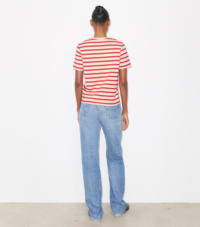 Tory Burch designer tops Striped Cotton T-Shirt in Light Ivory/Flash Red on model back