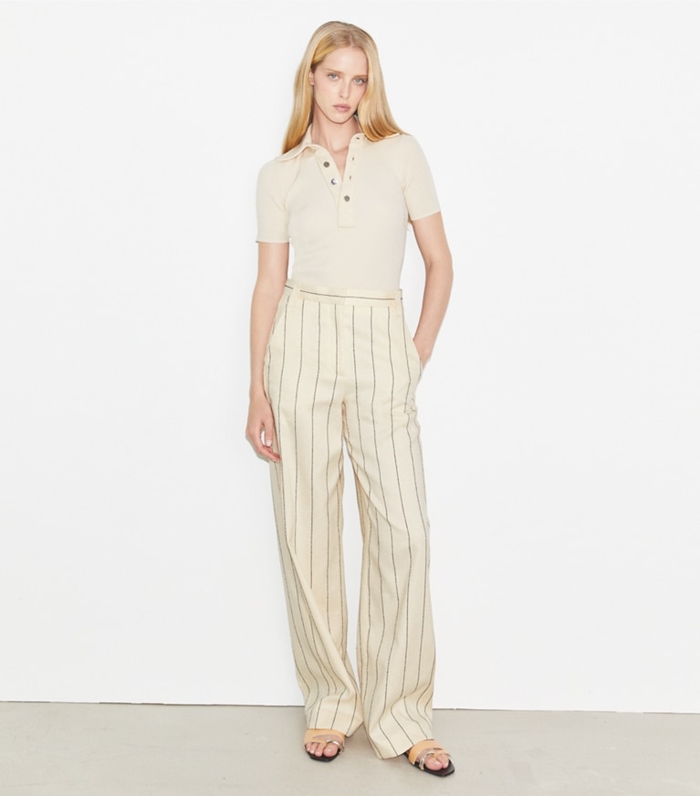 Tory Burch designer bottoms Striped Cotton Wide-Leg Pant in Ivory/Navy front