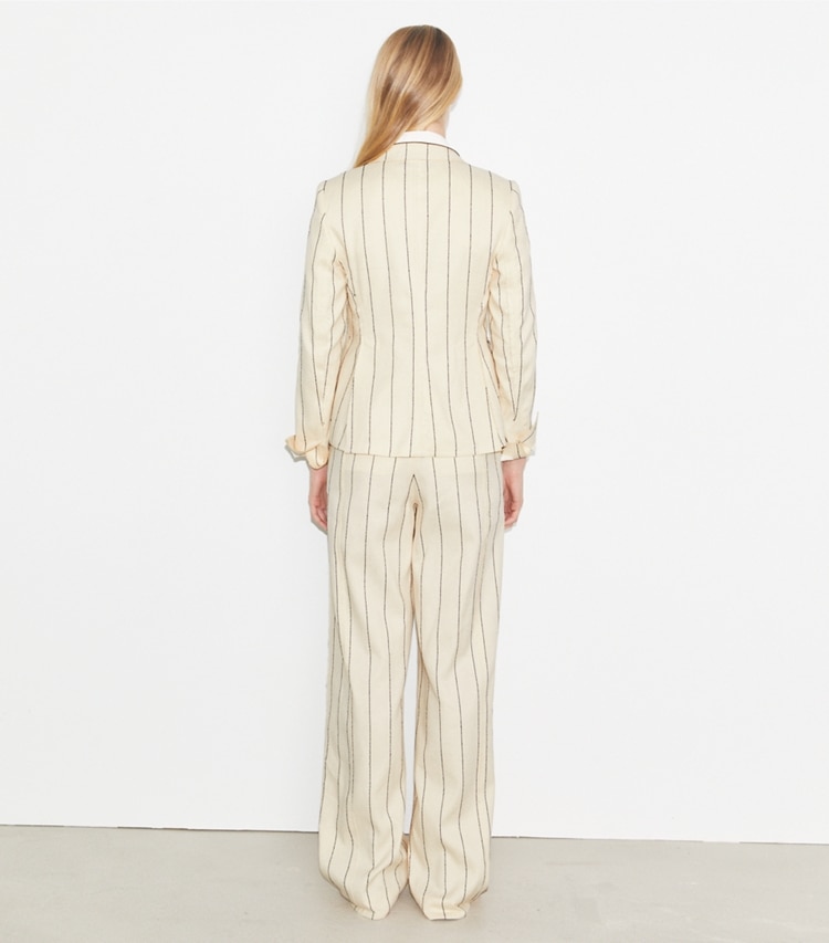 Tory Burch designer bottoms Striped Cotton Wide-Leg Pant in Ivory/Navy on model back