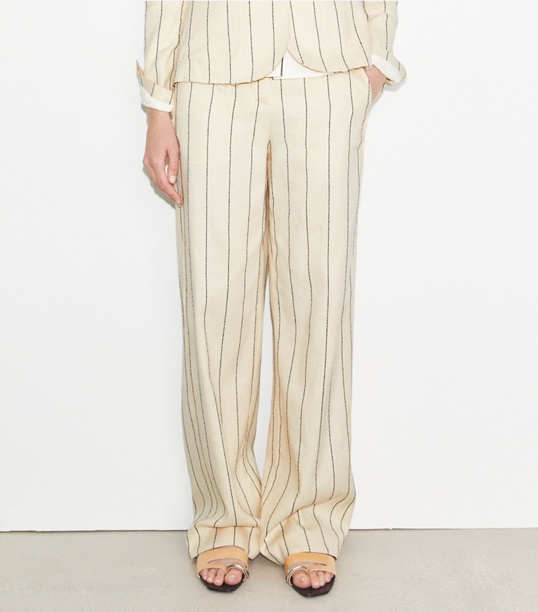 Tory Burch designer bottoms Striped Cotton Wide-Leg Pant in Ivory/Navy front