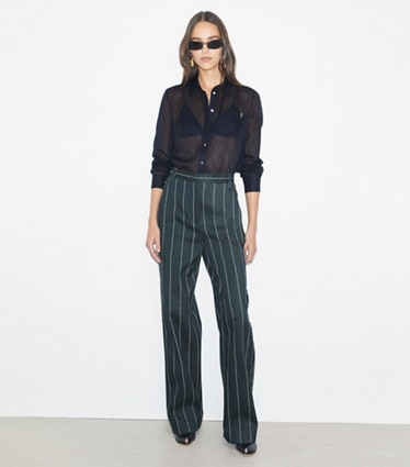Tory Burch designer bottoms Striped Cotton Wide-Leg Pant in Navy/Ivory on model front