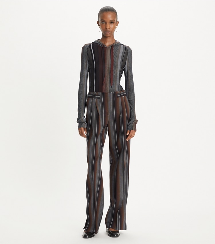 Tory Burch designer bottoms Striped Jacquard Pant in Black/Rust on model front