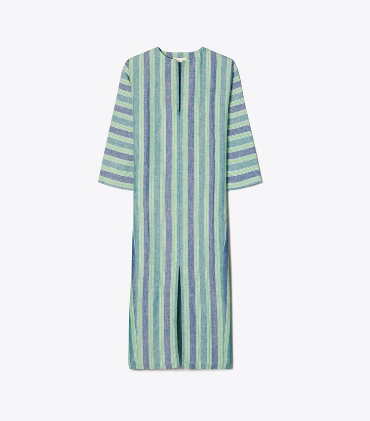 Tory Burch designer coverups Striped Linen Caftan in Blue / Green Summer Stripe front