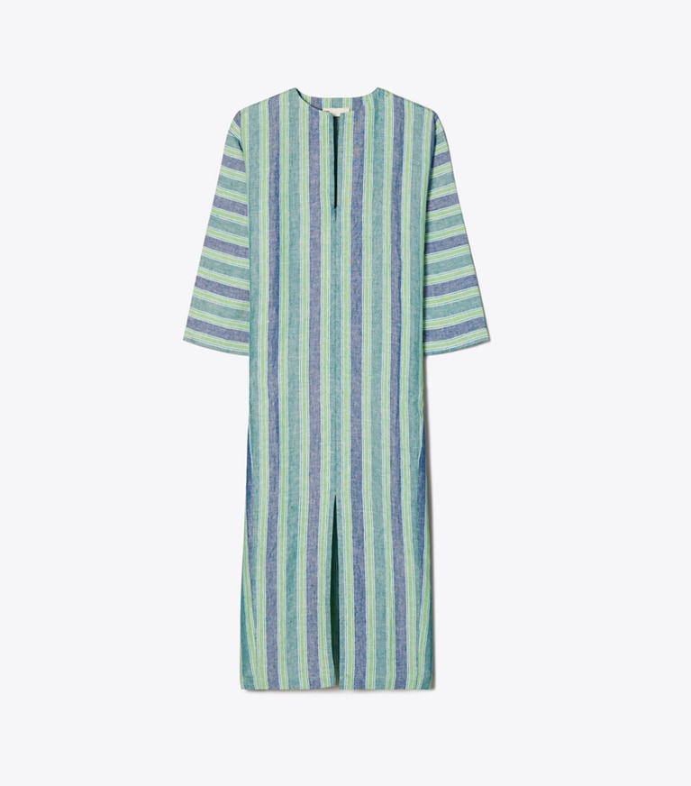 Tory Burch designer coverups Striped Linen Caftan in Blue / Green Summer Stripe front