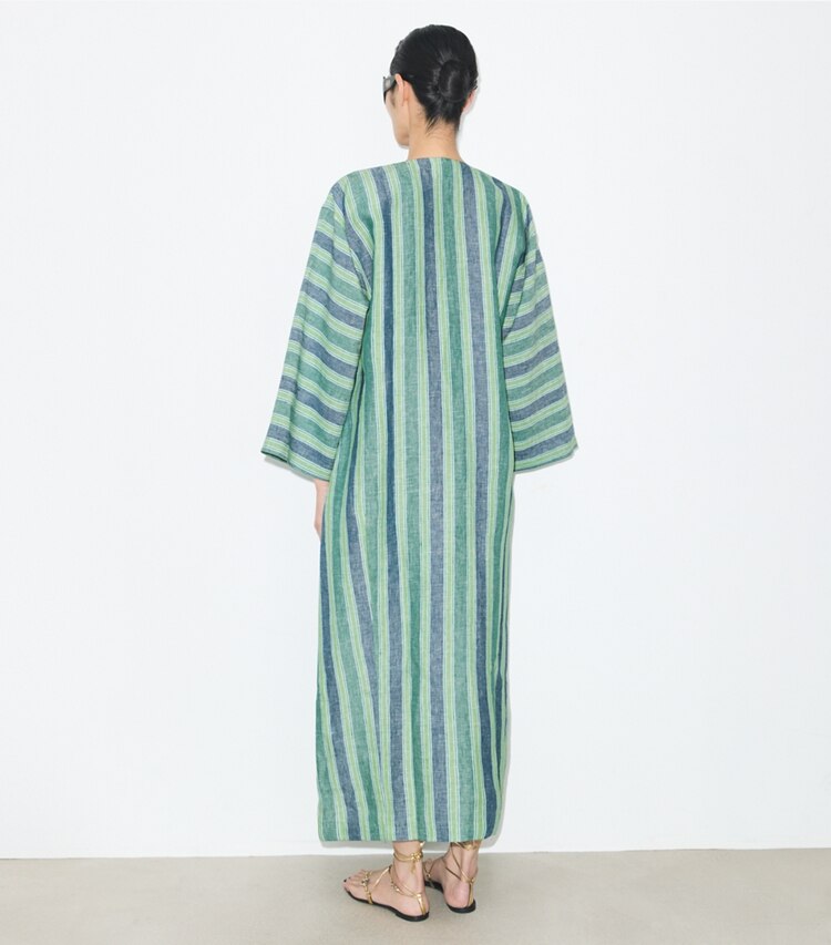 Tory Burch designer coverups Striped Linen Caftan in Blue / Green Summer Stripe on model back