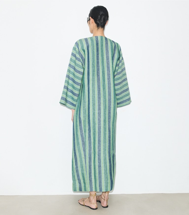 Tory Burch designer coverups Striped Linen Caftan in Blue / Green Summer Stripe on model back