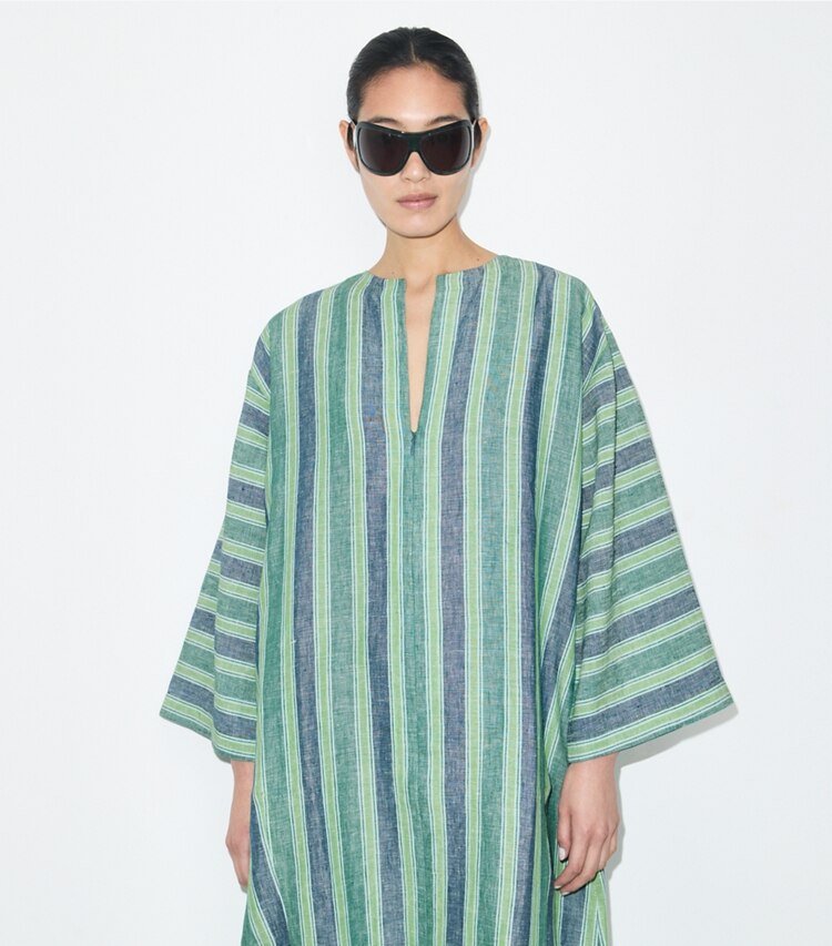 Tory Burch designer coverups Striped Linen Caftan in Blue / Green Summer Stripe on model detail