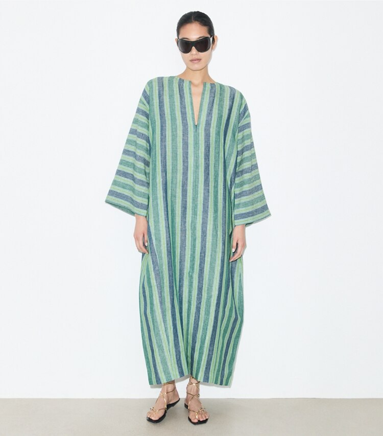 Tory Burch designer coverups Striped Linen Caftan in Blue / Green Summer Stripe on model front