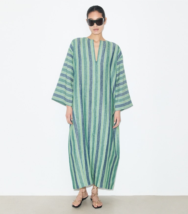 Tory Burch designer coverups Striped Linen Caftan in Blue / Green Summer Stripe on model front
