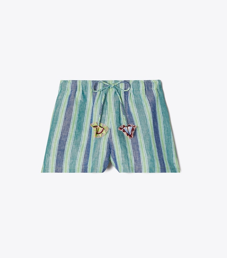 Tory Burch designer coverups Striped Linen Shorts in Blue / Green Summer Stripe front