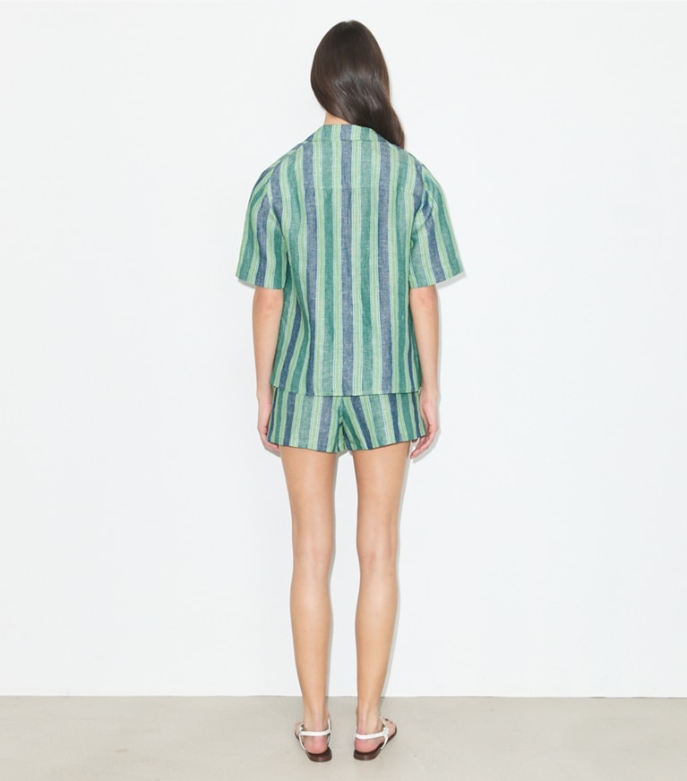 Tory Burch designer coverups Striped Linen Shorts in Blue / Green Summer Stripe on model back