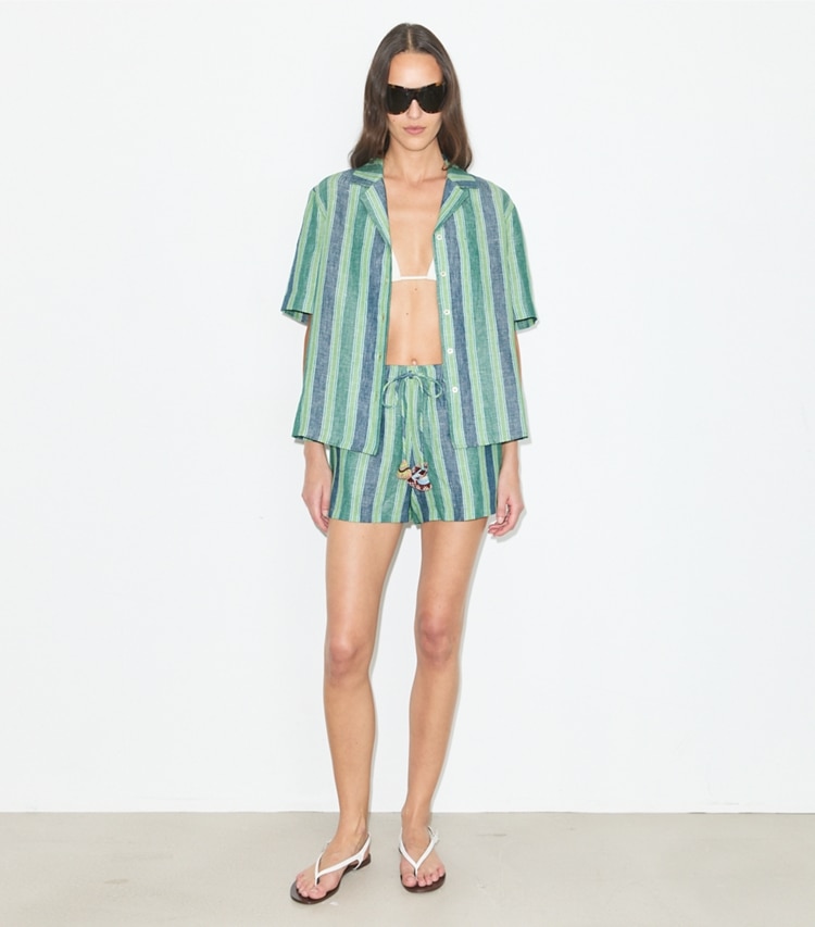 Tory Burch designer coverups Striped Linen Shorts in Blue / Green Summer Stripe on model front