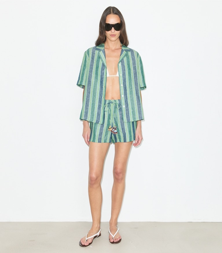 Tory Burch designer coverups Striped Linen Shorts in Blue / Green Summer Stripe on model front