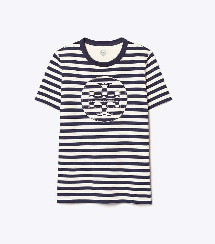 Tory Burch designer tops Striped Logo T-Shirt in Navy Stripe Logo front