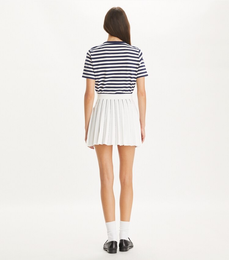Tory Burch designer tops Striped Logo T-Shirt in Navy Stripe Logo on model back