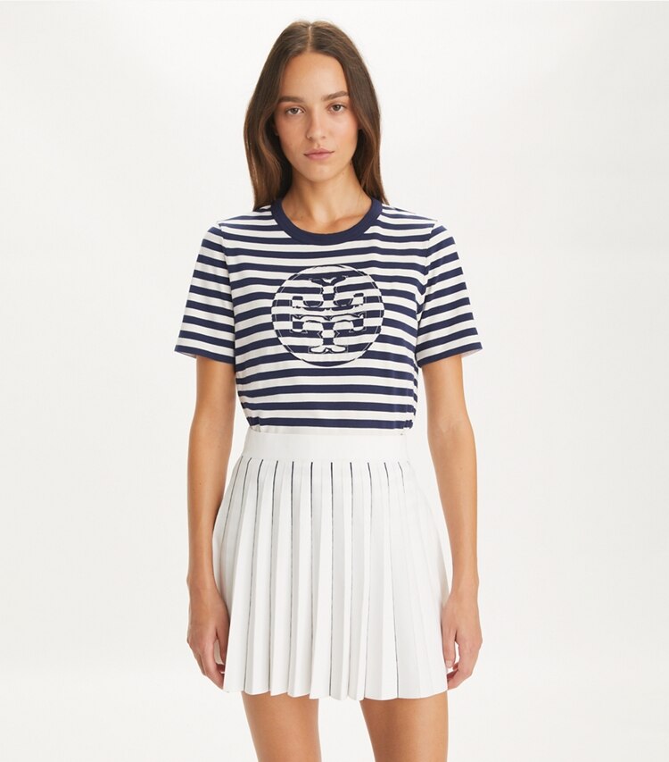 Tory Burch designer tops Striped Logo T-Shirt in Navy Stripe Logo on model detail