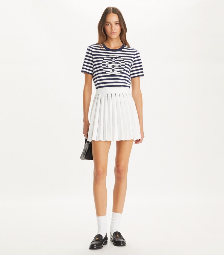 Tory Burch designer tops Striped Logo T-Shirt in Navy Stripe Logo on model front