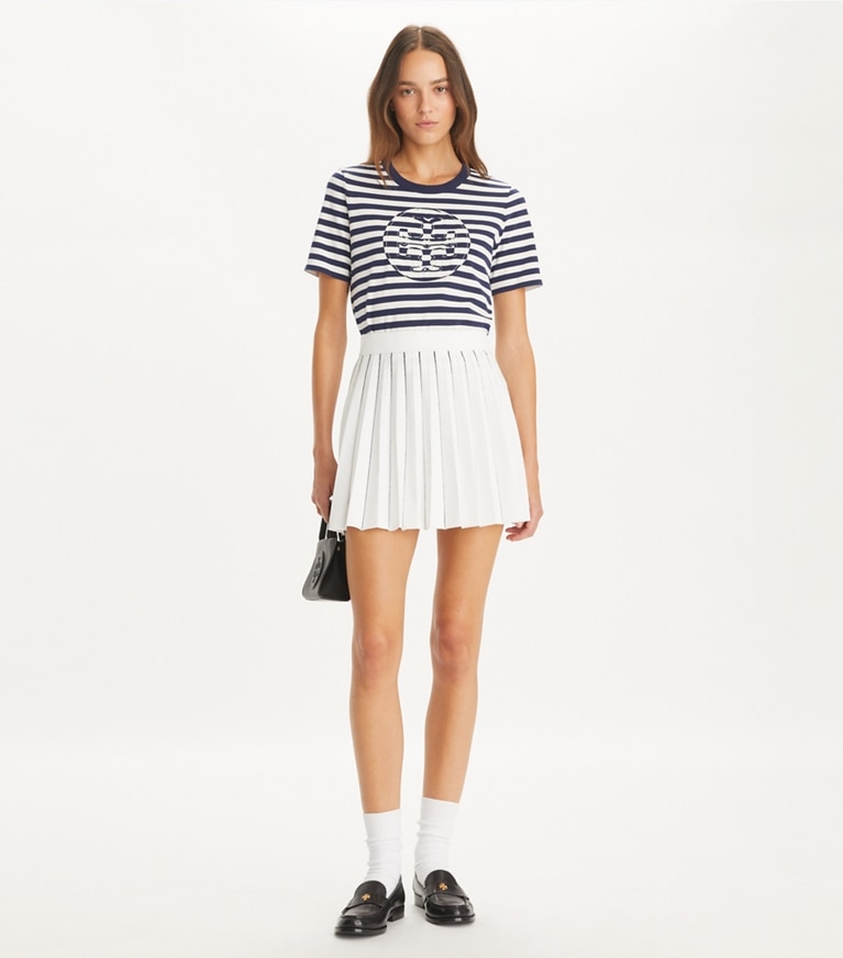 Tory Burch designer tops Striped Logo T-Shirt in Navy Stripe Logo front