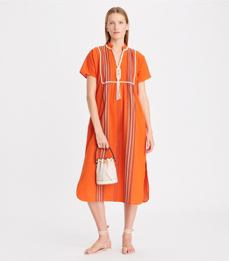 Tory Burch designer coverups Striped Midi Caftan in Orange on model front