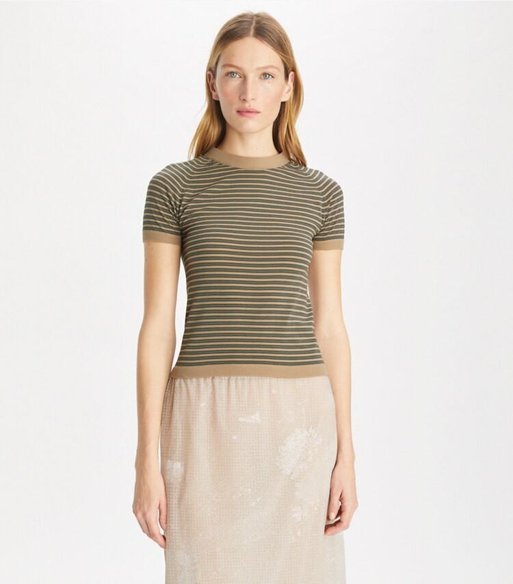 Tory Burch designer sweaters Striped Nylon Mockneck in Darker Silver Taupe / Gray Chateau on model detail