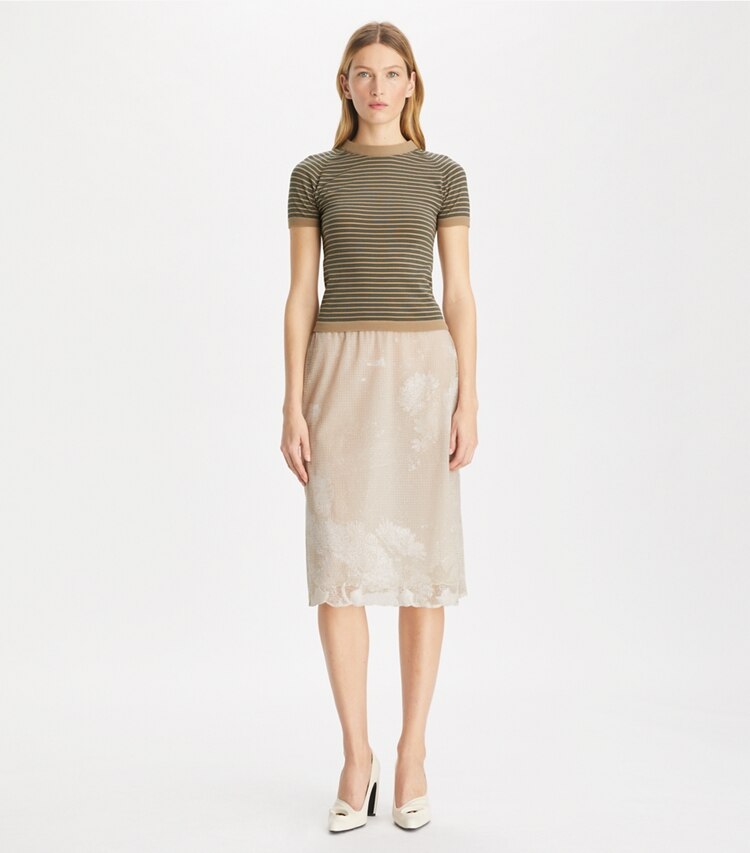 Tory Burch designer sweaters Striped Nylon Mockneck in Darker Silver Taupe / Gray Chateau on model front