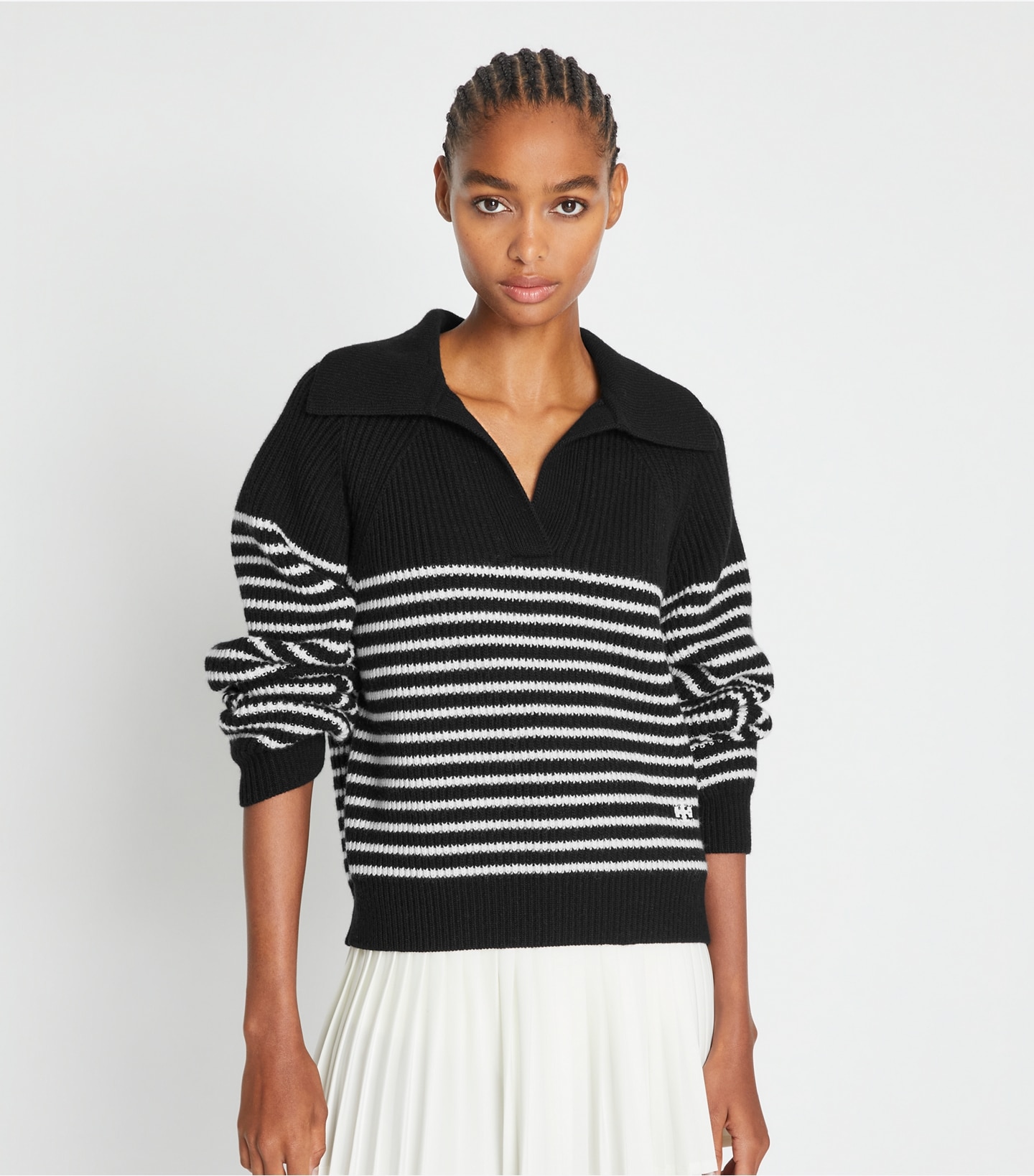 Striped Open Collar Wool Sweater