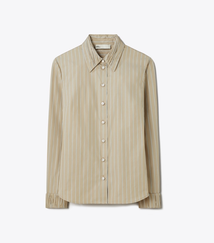 Tory Burch designer tops Striped Poplin Shirt in Taupe/Green front