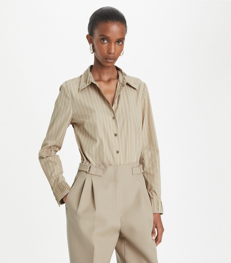 Tory Burch designer tops Striped Poplin Shirt in Taupe/Green on model detail
