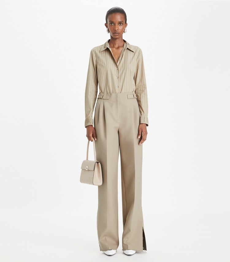 Tory Burch designer tops Striped Poplin Shirt in Taupe/Green on model front