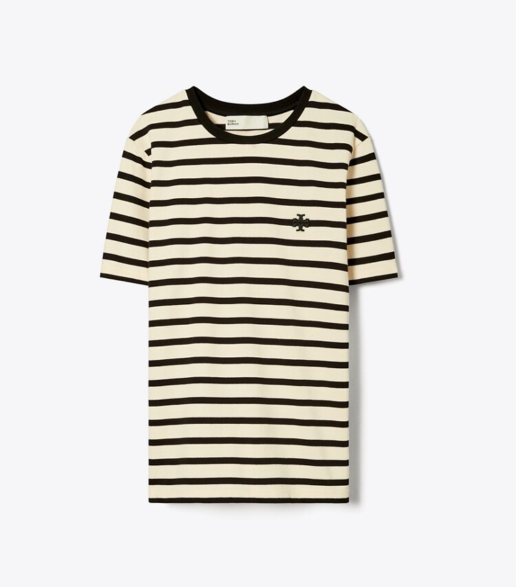Tory Burch designer トップス ストライプ プリントTシャツ in Light Ivory / Black front